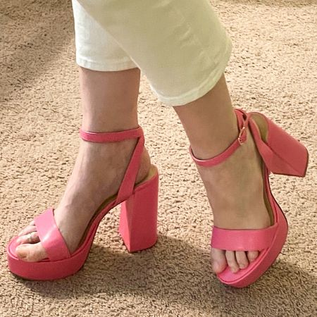 These pink platform heels are only $34! True to size and comfy with the platform and block heels  Wearing these to a concert 😍
.
Concert outfit pink heeled sandals Walmart finds 

#LTKSeasonal #LTKunder50 #LTKshoecrush