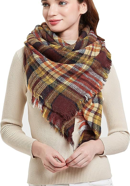 Wander Agio Womens Warm Scarf Square Shawls Large Infinity Scarves Stripe Plaid Scarf | Amazon (US)