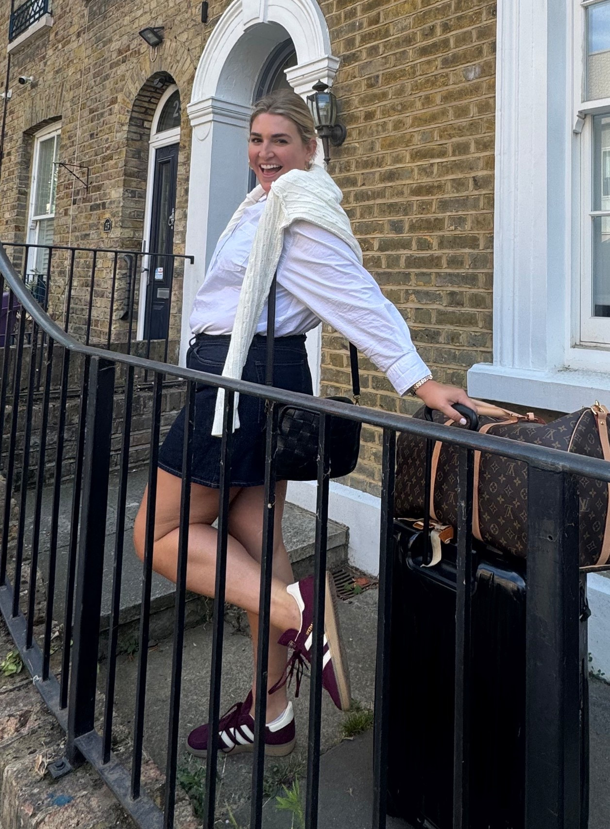 Summer to Fall outfit! London makes it easy  Obsessed with this dark cherry color for fall 🍂Cable knit is old from Brandy Melville so added a few options I would also purchase. 

#LTKStyleTip #LTKMidsize #LTKSeasonal