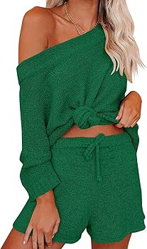 Ermonn Womens 2 Piece Outfits Sweater Sets Off Shoulder Knit Tops Waist Short Suits Casual Pajama... | Amazon (US)