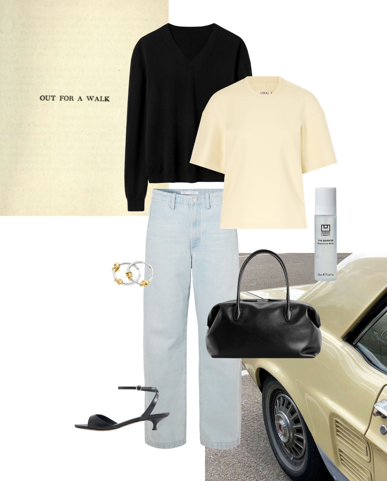 Yellow tee + black v neck cashmere | denim | spring outfits | yellow t shirt | sandals | bag 

#LTKuk #LTKeurope #LTKspring