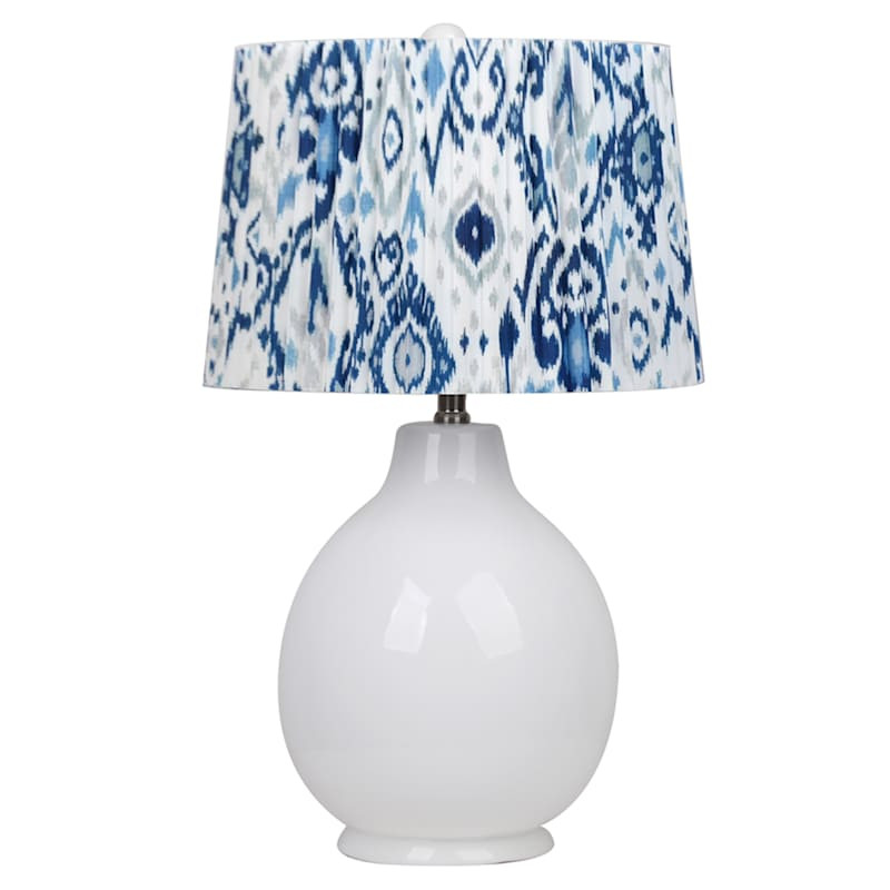 White Ceramic Medium Table Lamp With Blue Ikat Shade, 25", sold by At Home | At Home