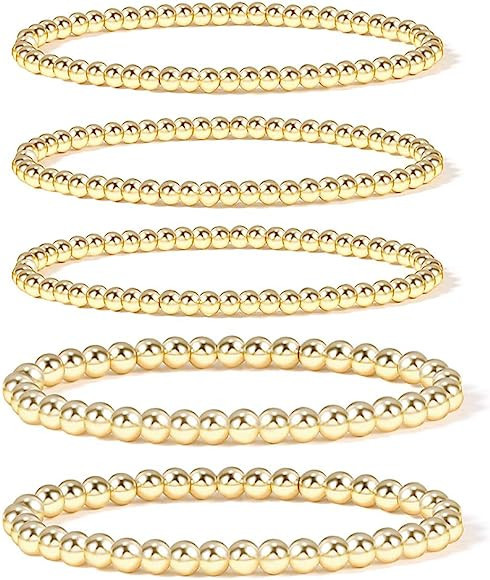 Gold Bead Bracelet for Women,14K Gold Plated Bead Ball Bracelet Stretchable Elastic Bracelet | Amazon (US)