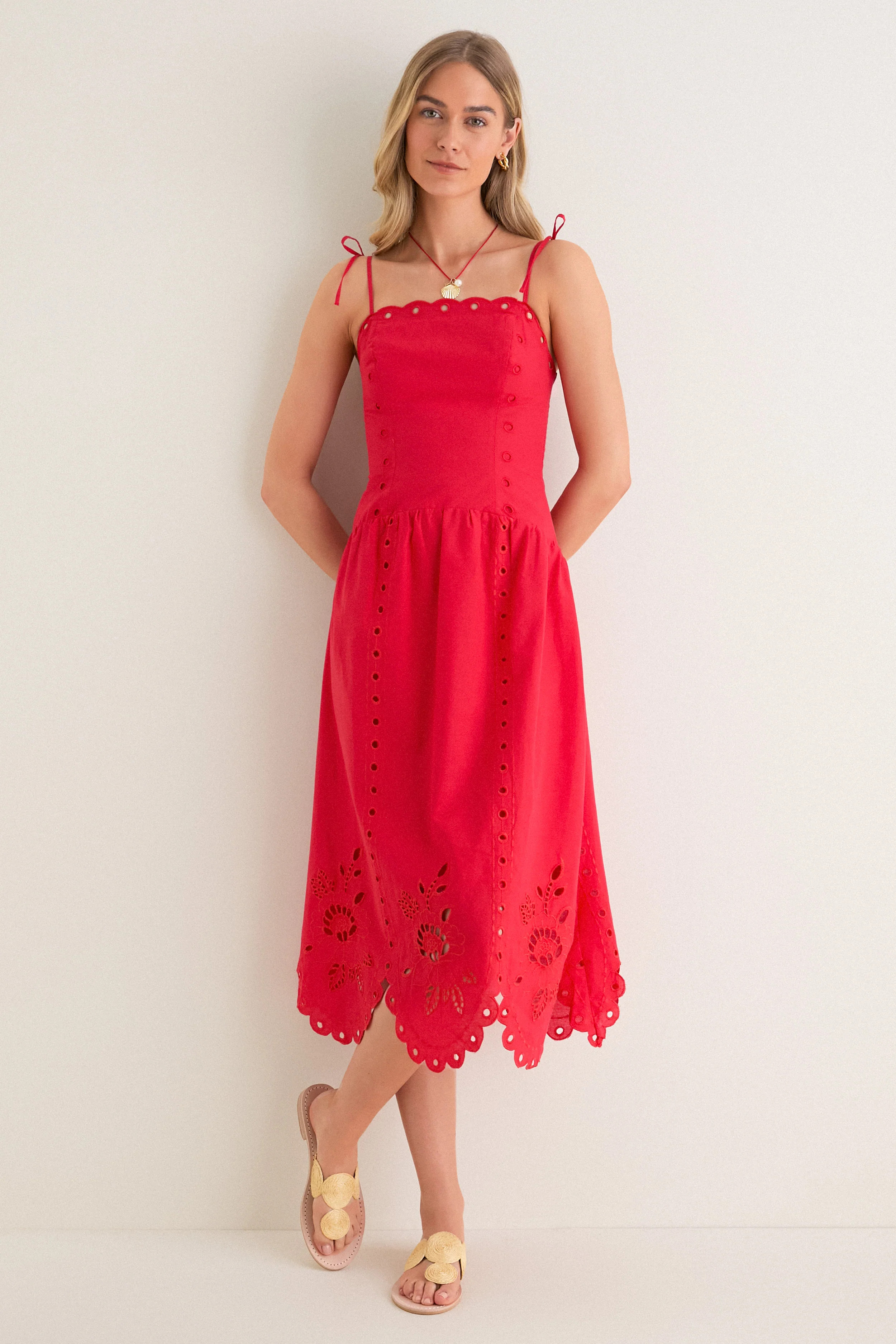 Red Eyelet Detail Midi Dress | Tuckernuck (US)