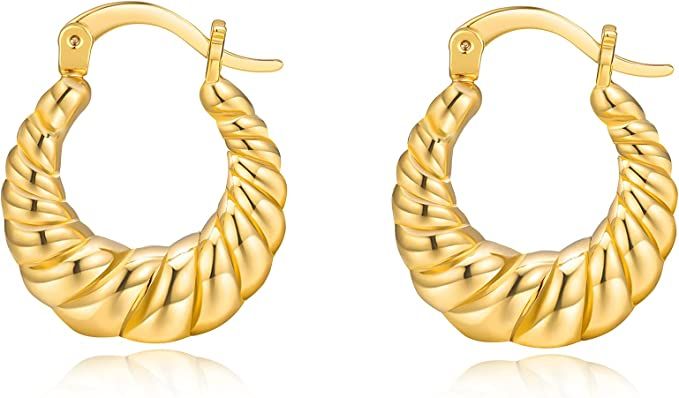 Chunky Gold Hoop Earrings for Women, 18k Hypoallergenic Women's Small Croissant Earrings 18MM 20M... | Amazon (US)