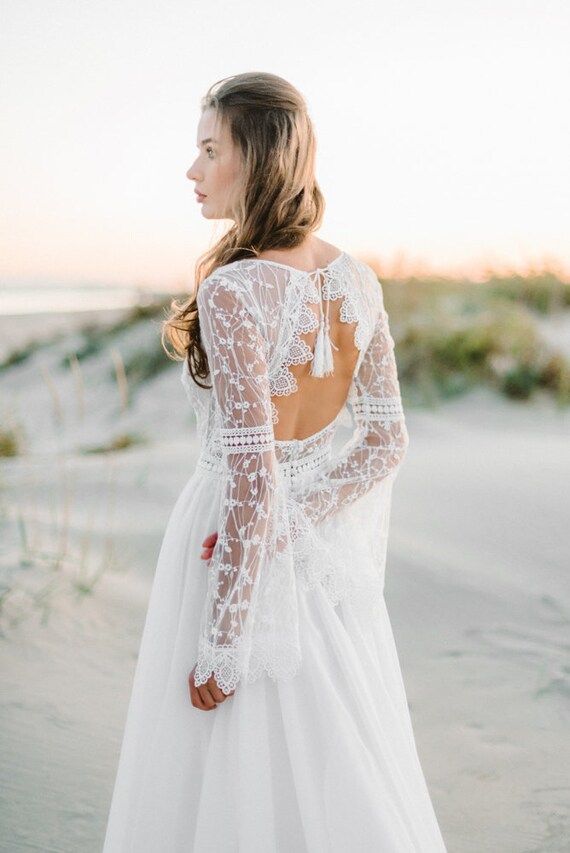 Amazing Long Sleeve bohemian wedding dress, boho wedding dress, lace wedding dress, backless wedd... | Etsy (US)