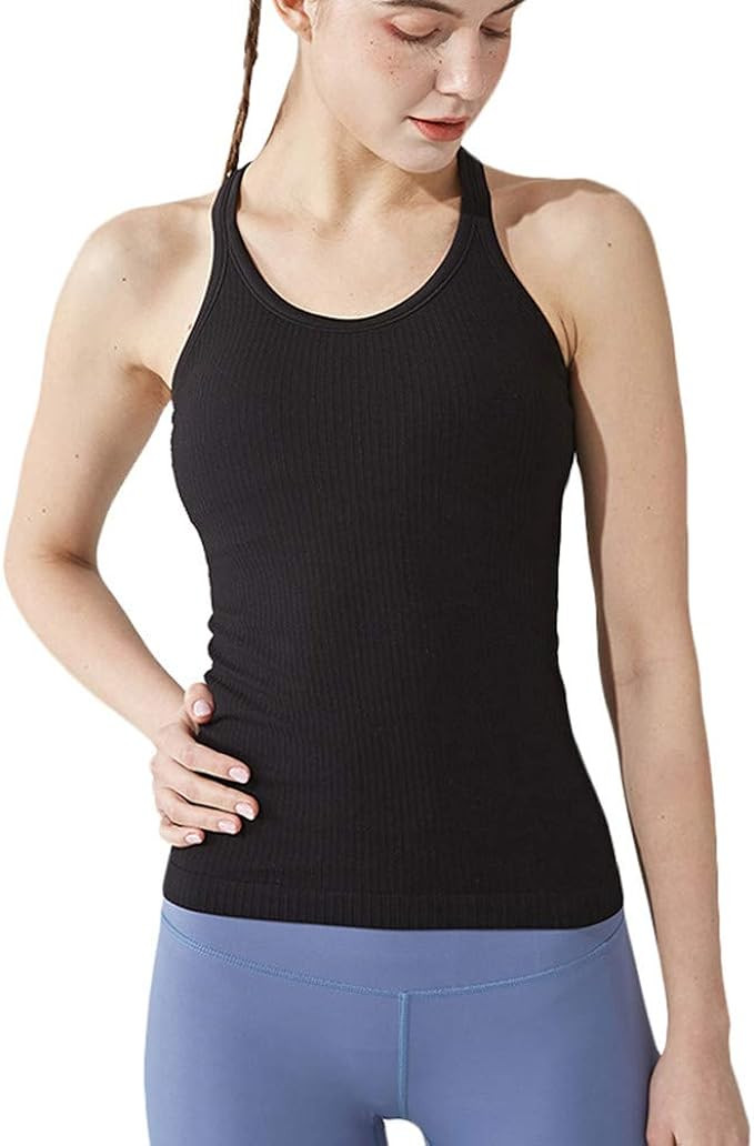 Amazon.com: Yoga Racer Back Tank Top for Women with Built in Bra,Women's Padded Sports Bra Fitnes... | Amazon (US)