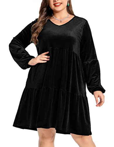 EORANF Women's Black Velvet Plus Size Velour Dress for Women Velour Midi Tunic Dresses Velvet Fall Casual Dresses Black 3XL | Amazon (US)