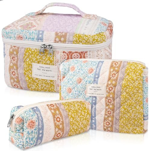 Makeup Bag Set, Quilted Makeup Bag, Large Floral Cosmetic Bag for Women, Cute Cotton Makeup Bag, ... | Amazon (US)