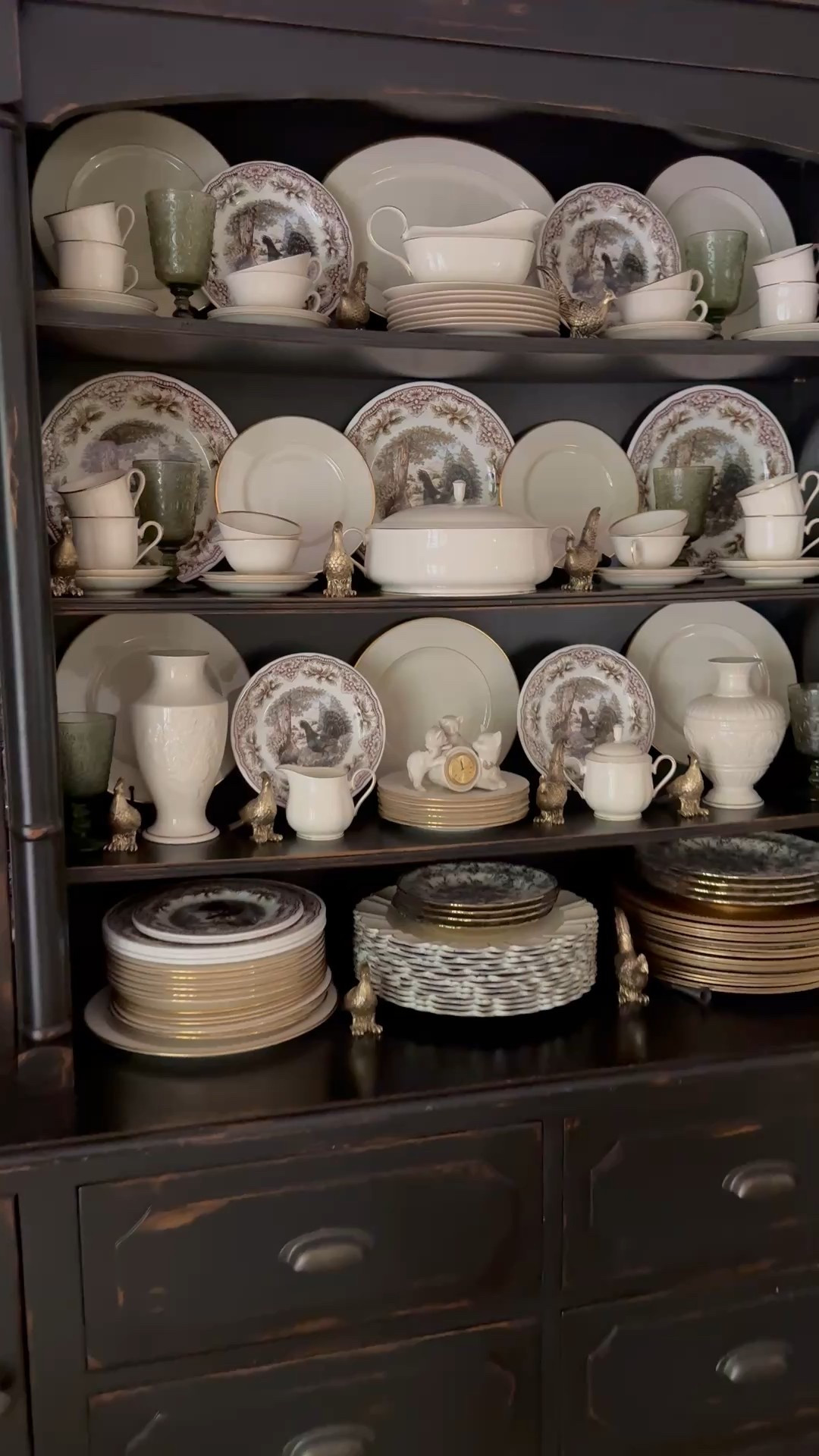Simple fall decor in my dining room China cabinet hutch. This year, I went for an understated look with pretty dinnerware mixed with my fine China and the cutest little vintage gold pheasant placecard holders. How cute is this? 

#LTKHome #LTKFindsUnder50 #LTKSeasonal