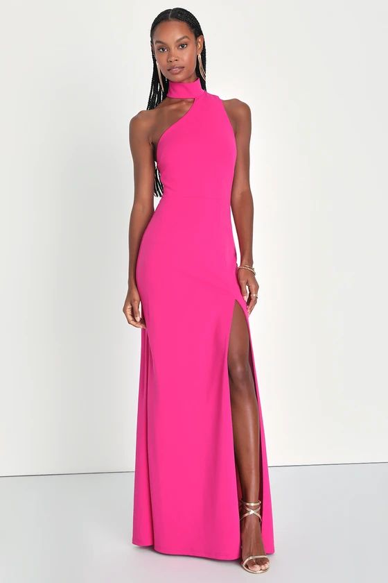 Keep It Interesting Hot Pink Asymmetrical Halter Maxi Dress | Lulus