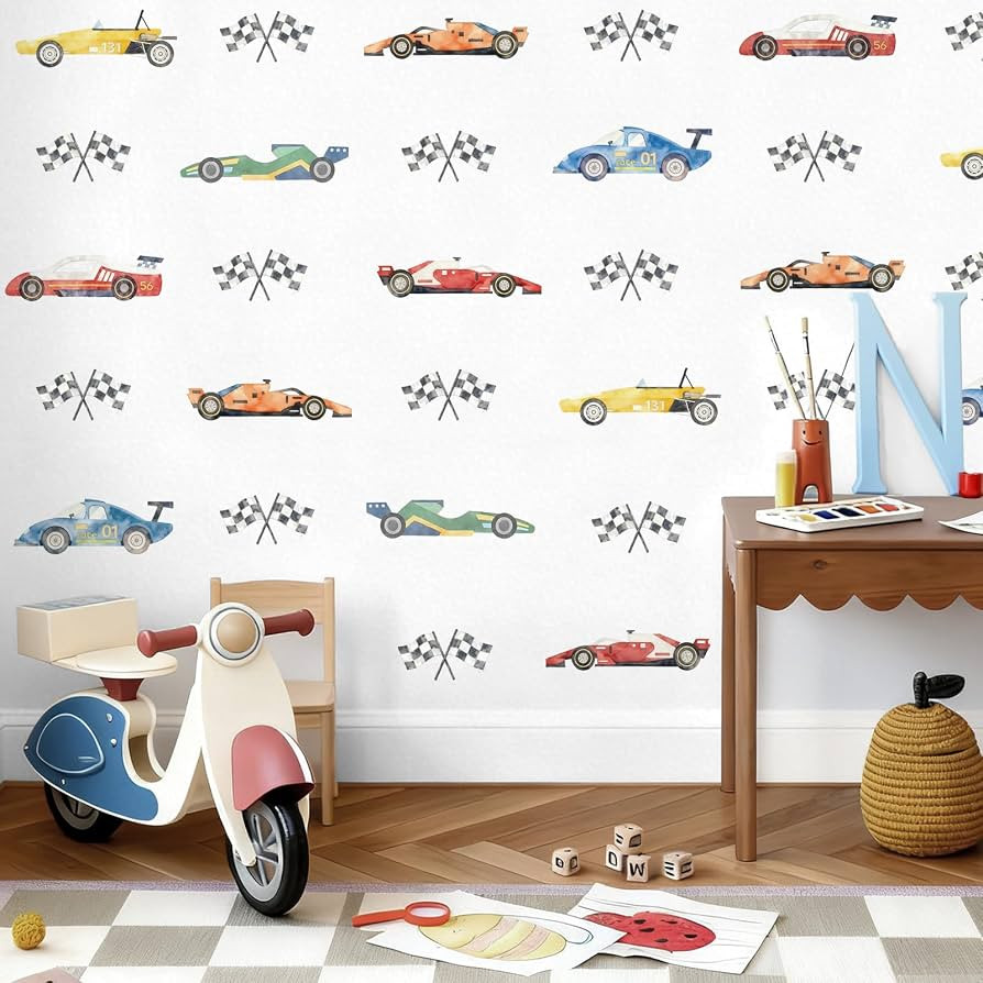JarThenaAMCS 8 Sheets Race Car Wall Stickers Watercolor Racing Theme Vehicle Flag Wall Decals for... | Amazon (US)