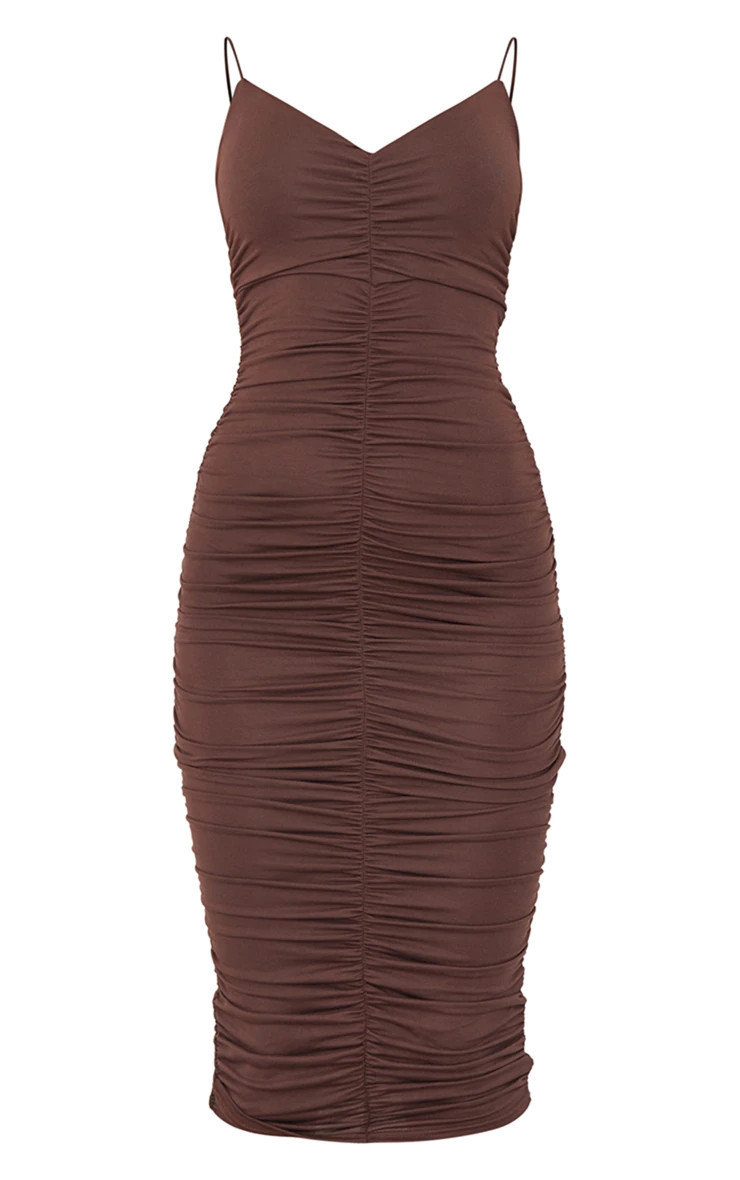 Chocolate Extreme Ruched Spaghetti Midi Dress | PrettyLittleThing US