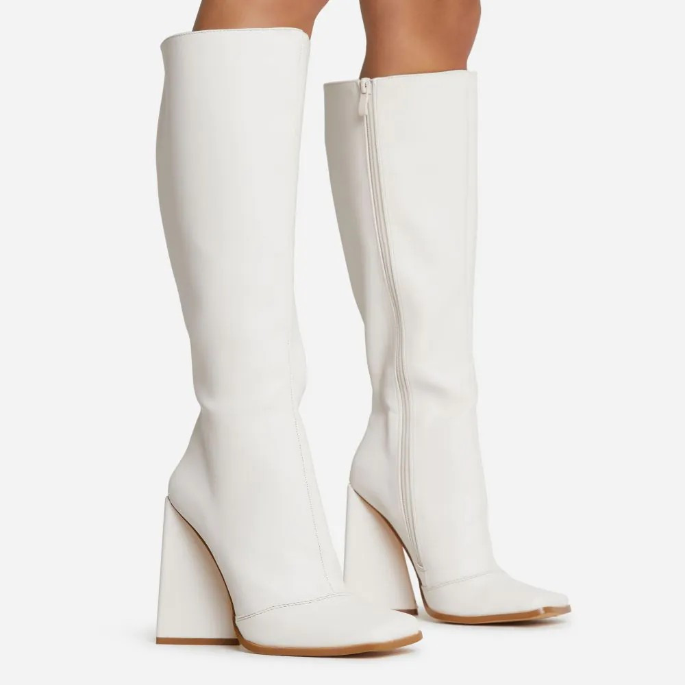 Big-Goals Square Toe Sculptured Block Heel Knee High Long Boot In Cream Nude Faux Leather | EGO Shoes (US & Canada)