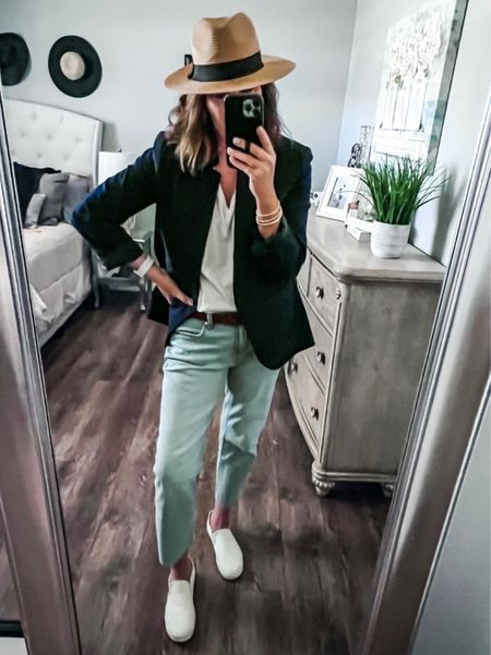 Most Favorite look from social media today! Styling the Notched Collar Navy Blazer from Old Navy, everyday white tee. Be sure to check out the On sale going on this weekend also. My jeans are from Gap Factory and are the slim boyfriend jeans that are 60% off. Fits tts, semi relaxed. White Vans, straw fedora, and stacked bracelets 

Weekend outfit, most popular, best seller, jeans, straight jeans, raw hem, blazer, white sneakers, casual work outfit, fashion over 40

#LTKsalealert #LTKunder50 #LTKstyletip