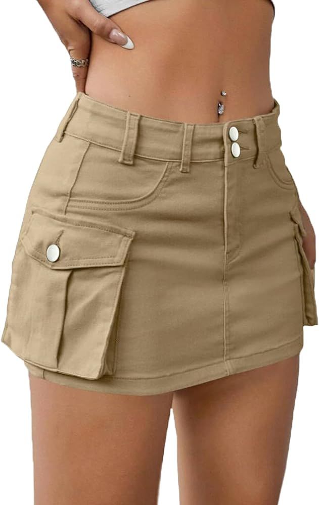Low Waist Cargo Skirt Women Button Mini Cargo Denim Skirt with Pocket Mini Skirt | Amazon (US)
