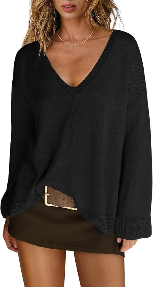 Dqbeng Womens Oversized V Neck Sweater Lightweight Knit Tunic Pullover Top | Amazon (US)