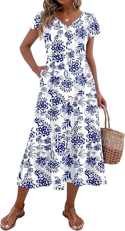 Zeagoo Women's Summer Casual Dress Flutter Short Sleeve V Neck Button Down Tiered Flowy Long Dres... | Amazon (US)