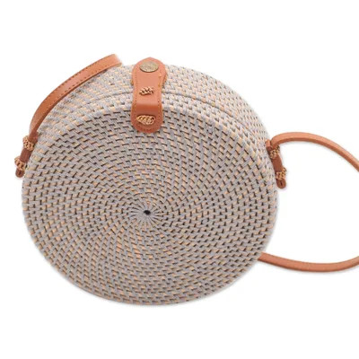 Blue-Grey Woven Bamboo Round Shoulder Bag | NOVICA