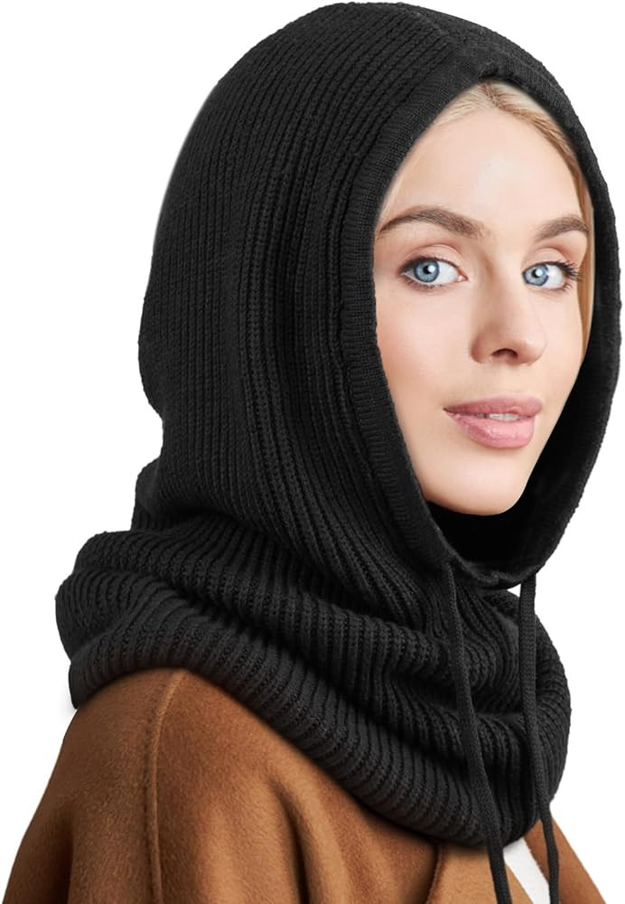 Hooded Scarf Hat Knit Balaclava Women Beanie Skull Cap with Drawstring Warm Winter Hats for Women... | Amazon (US)