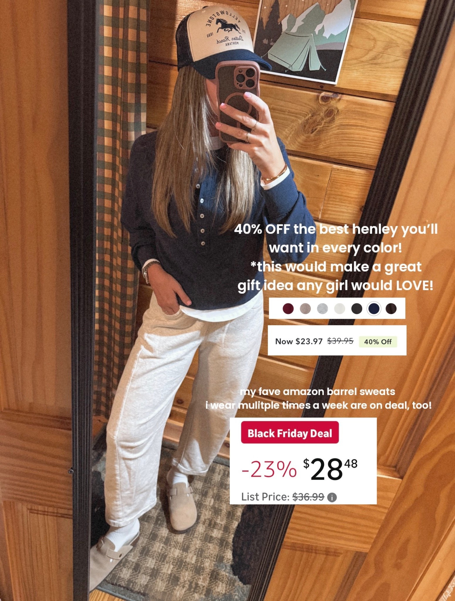 BLACK FRIDAY DEALS! *wearing XS sweats & henley // 2 long sleeve white tee. This henley, long sleeve tee & even my hat would make fabulous gift ideas! I would grab more than one color in the henley while it’s still in stock and 40% off! 
#giftideas #giftsforher #blackfriday 