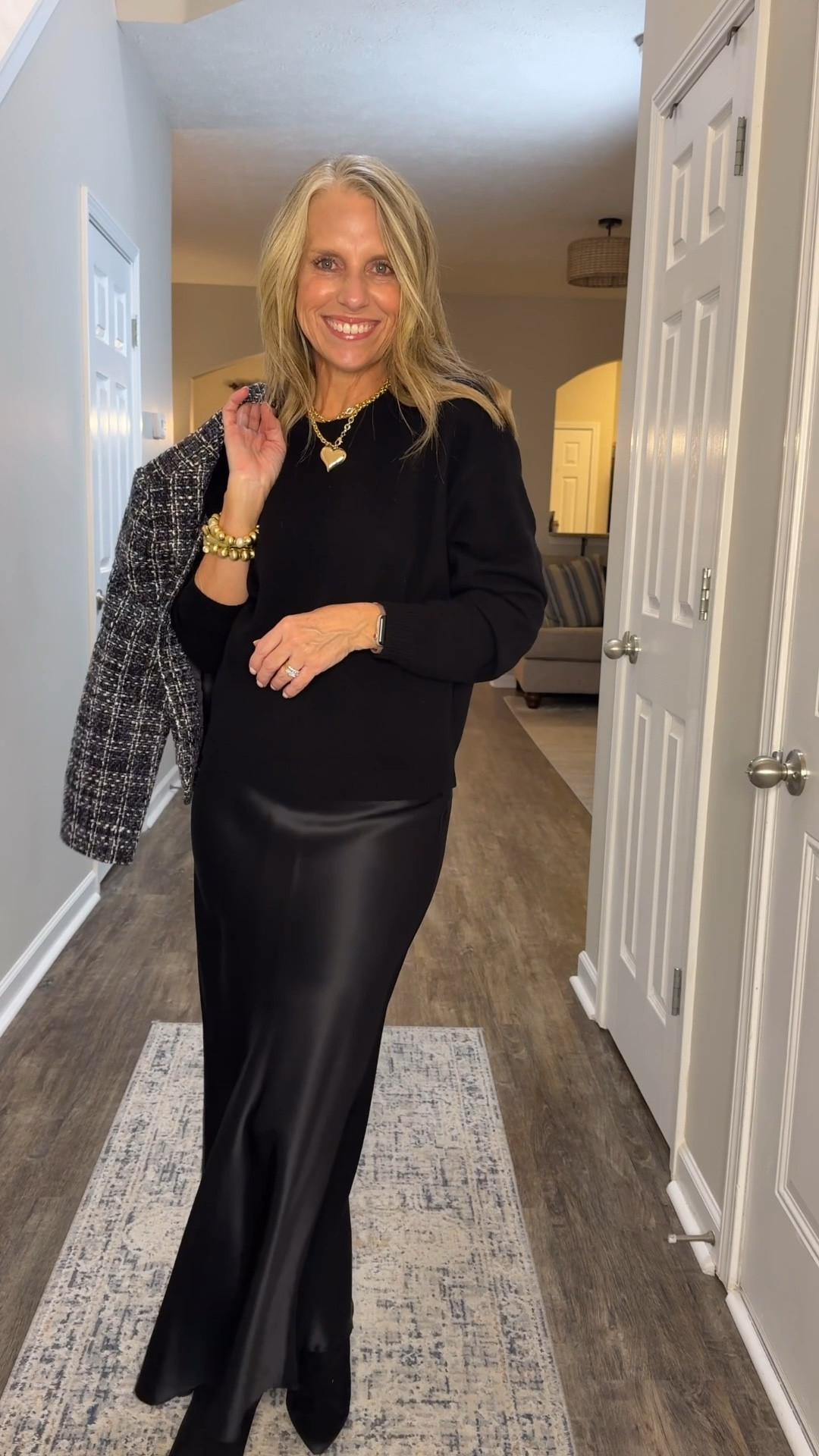 If classic is your style, and you want a little pizazz, add a silk slip skirt. 
Great for holiday parties, workwear, church. Jacket is 41% off. 

#LTKCyberWeek #LTKOver40 #LTKHoliday