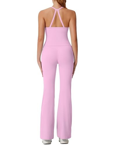 RXRXCOCO Cross Back Workout Sets for Women 2 Piece Padded Tank Tops Flare Leggings Gym Outfits with Pockets Light Pink Small | Amazon (US)