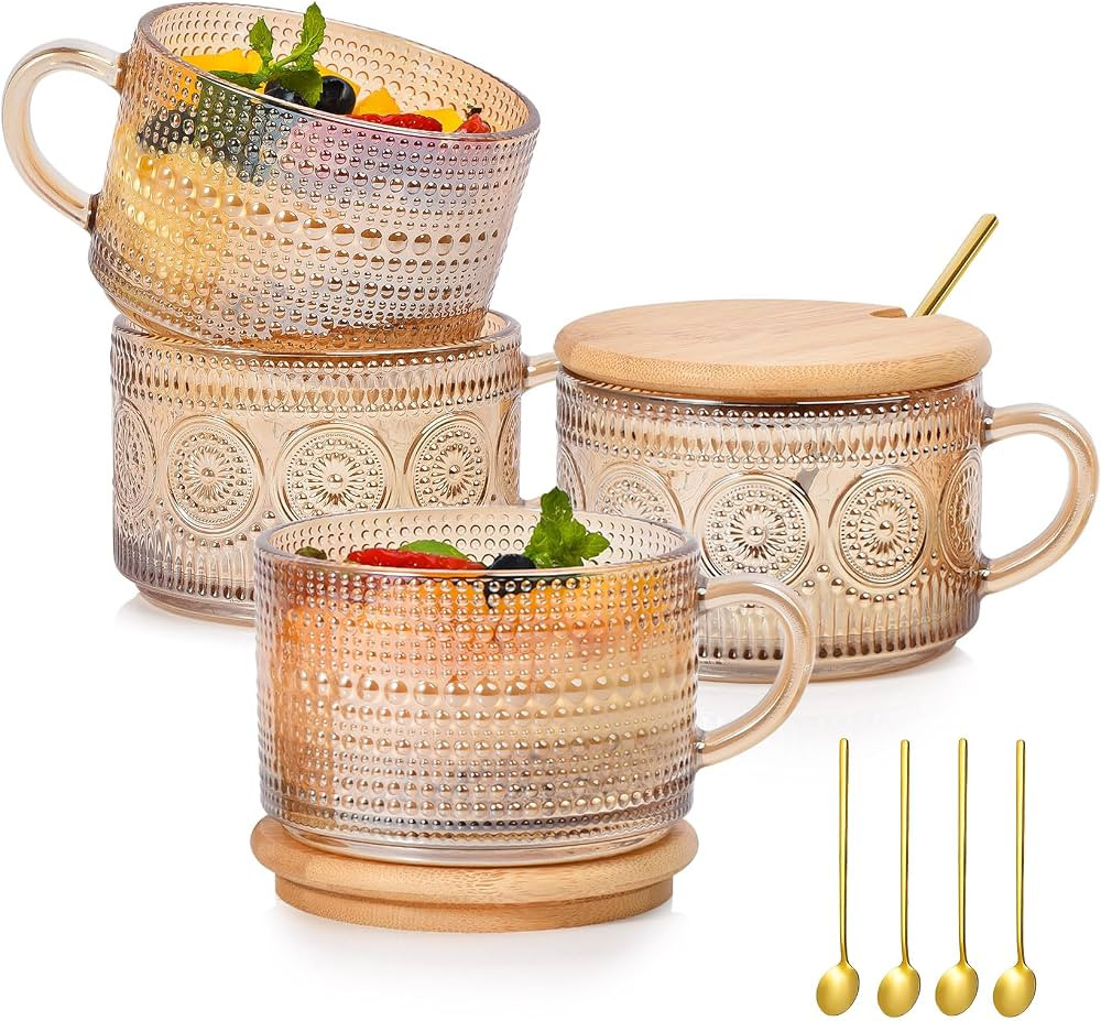 Vintage Coffee Mugs Set of 4 Embossed Tea Cups, Overnight Oats Containers with Bamboo Lids and Sp... | Amazon (US)