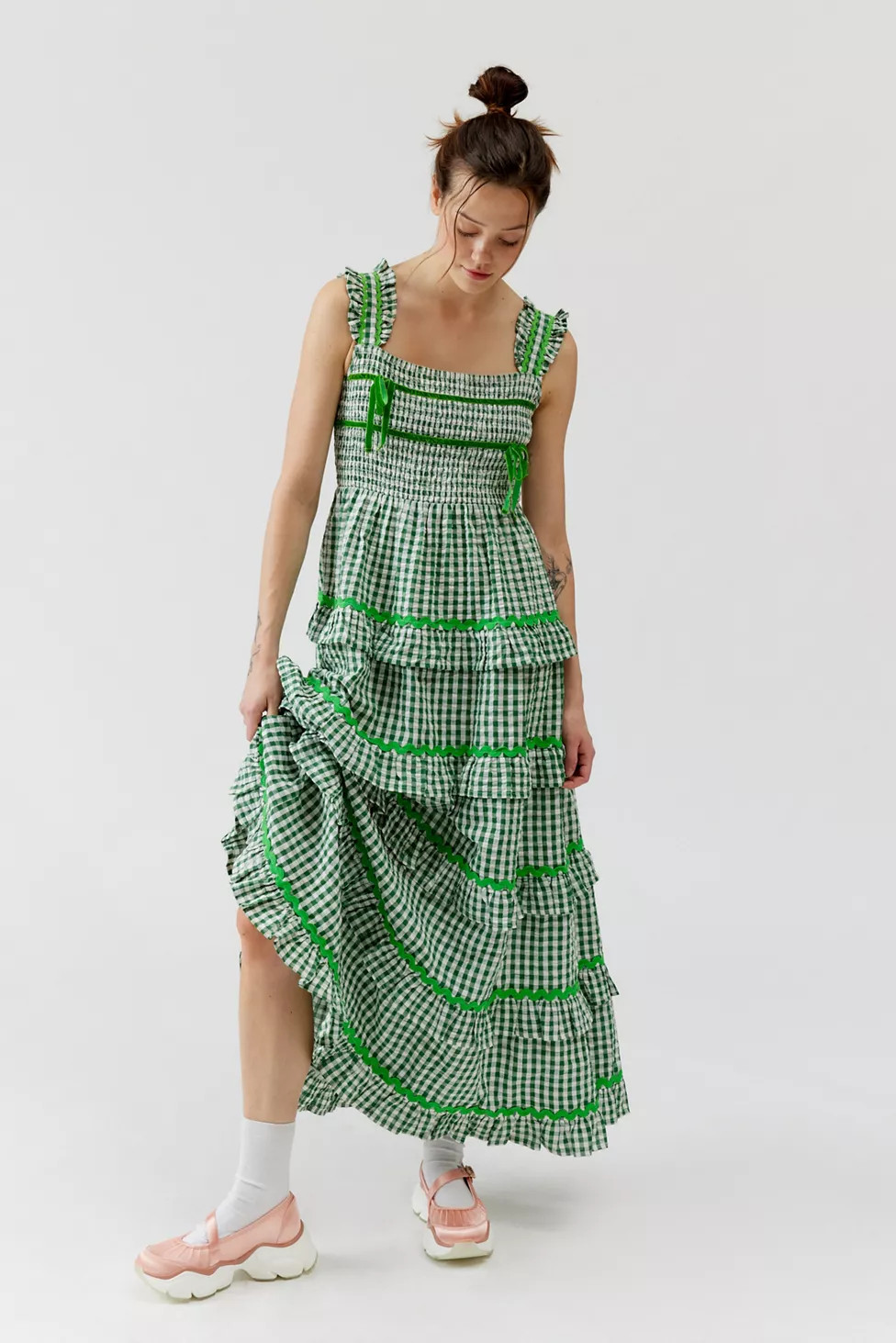 Neon Rose Gingham Ruffle Maxi Dress | Urban Outfitters (US and RoW)