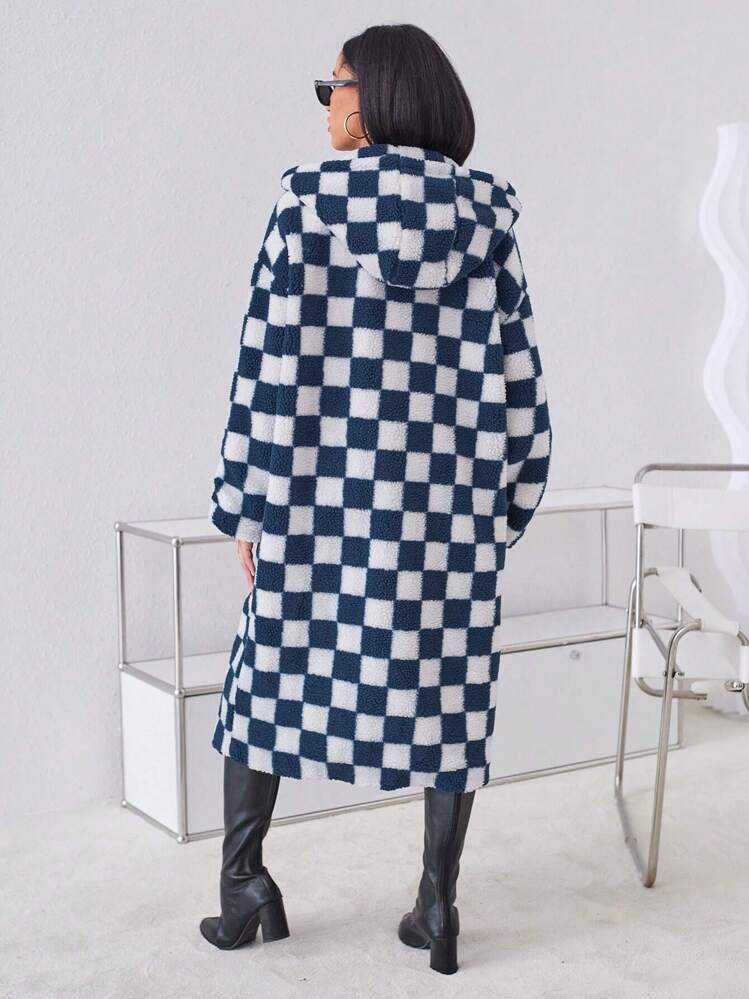Aveloria Checker Plaid Turn-Down Collar Hooded Coat Fall Cloth For Women | SHEIN