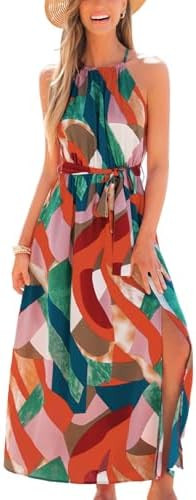 CUPSHE Women's Printed Halter Neck Sleeveless Waist Tie Maxi Dress Summer Flowy Long Dress | Amazon (US)