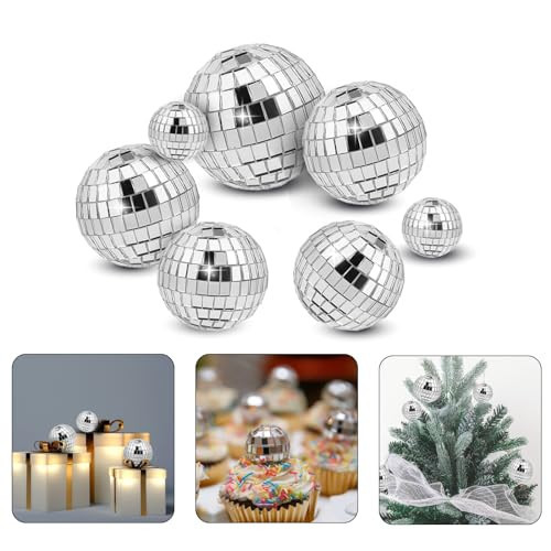 Abeillo 7PCS Disco Cake Topper, Different Sizes, 70s Themed Dance Party Supplies, Small Disco Balls for Cake Dessert Christmas Party Ornament (Silver) | Amazon (US)