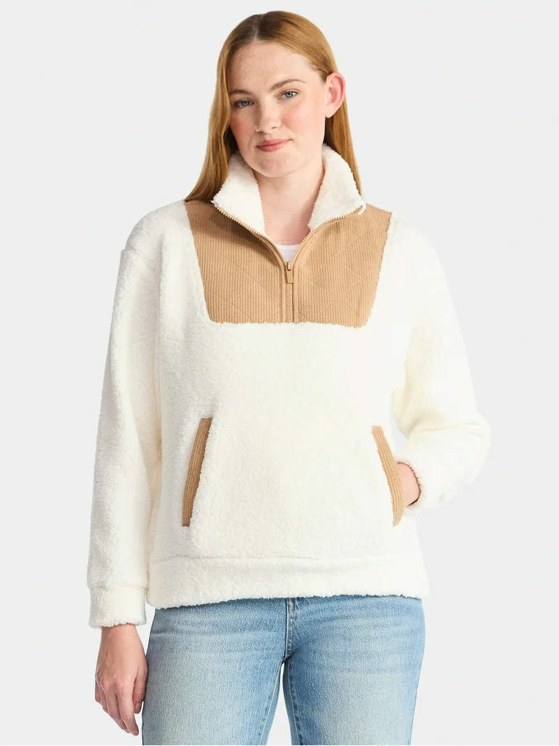 Time and Tru Women's Plush Fleece Quarter Zip Jacket with Corduroy Trim, Lightweight, Sizes XS-XX... | Walmart (US)