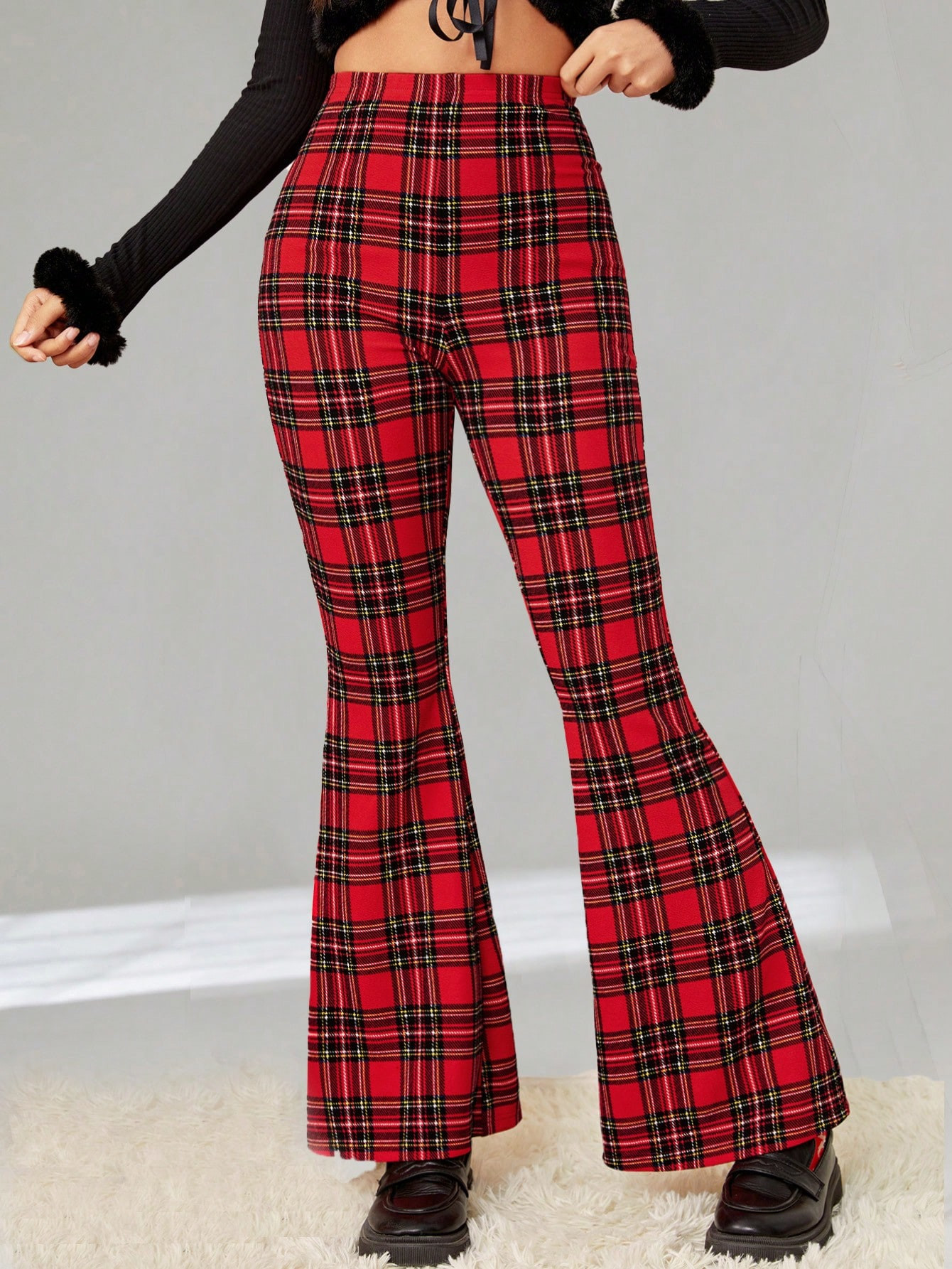 SHEIN Qutie Tartan Print Flare Leg Pants | SHEIN