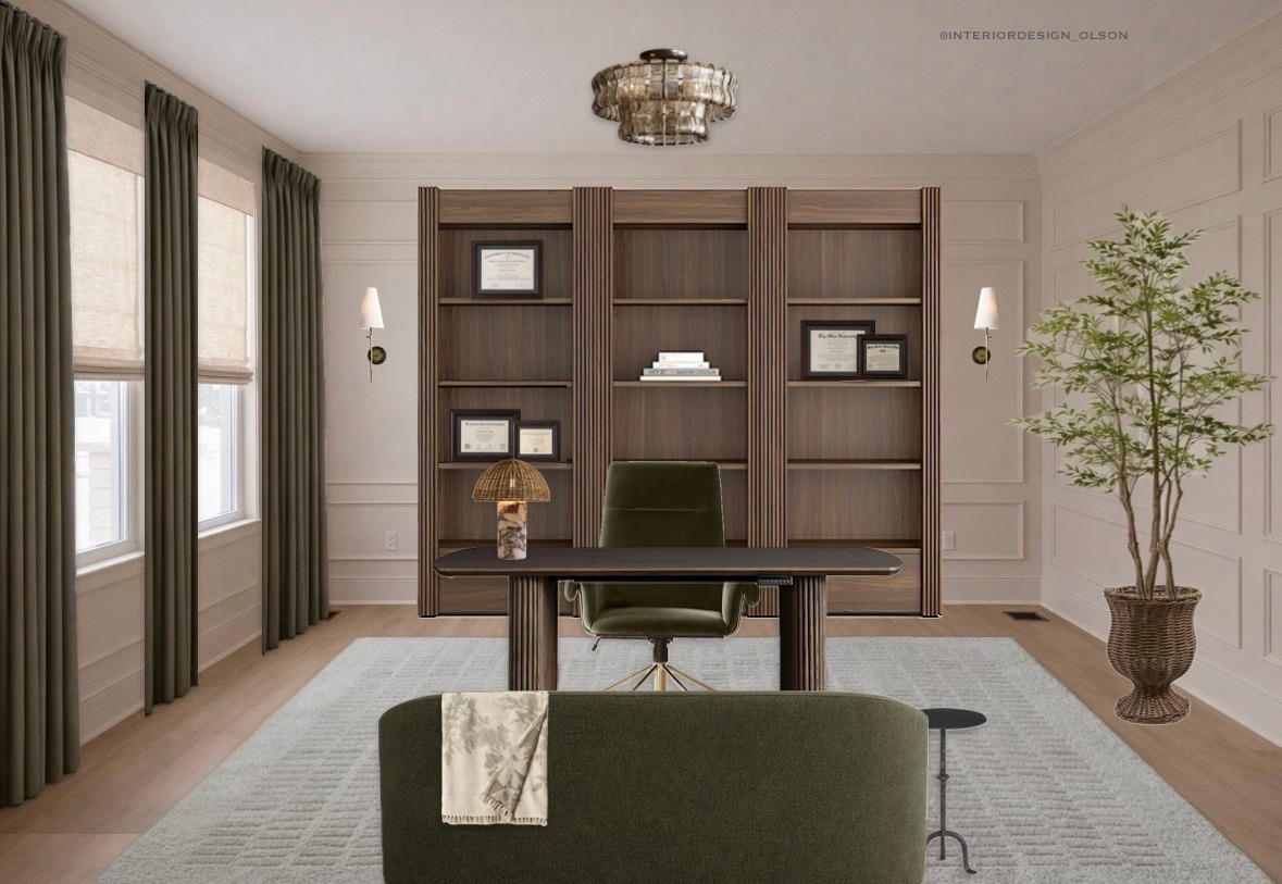 Light & Moody Office with Slatted Wood Built-Ins

A modern organic home office with clean lines, slatted wood storage & moody green accents 

This design focuses on functional built-ins, warm textures, and soft green tones to create a space that feels calm, productive, and beautifully styled. The layered neutrals and earthy finishes make this office feel both elevated and welcoming, perfect for everyday work or creative projects.

A great option for anyone wanting a light, organic office with a subtle moody feel.

#OrganicOffice #HomeOfficeDesign #MoodyGreen #OfficeInspo #InteriorDesignIdeas #HouseOfOlson #StandingDesk
