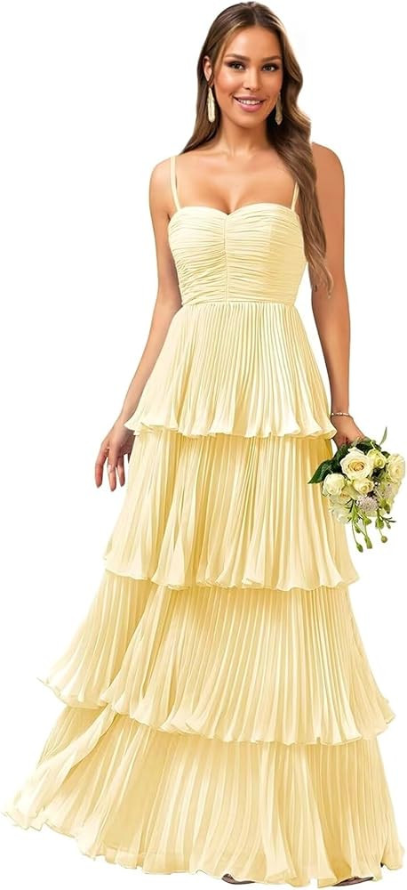 Tiered Ruffle Bridesmaid Dresses for Women Spaghetti Straps Long Chiffon Formal Evening Prom Gown... | Amazon (US)