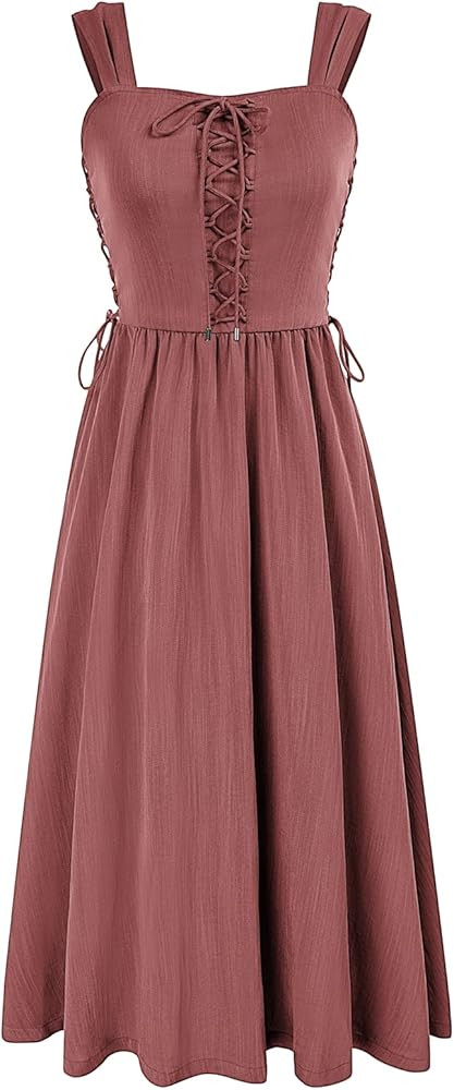 Scarlet Darkness Women Renaissance Summer Midi Dress Cottagecore Sleeveless Lace Up Dress | Amazon (US)