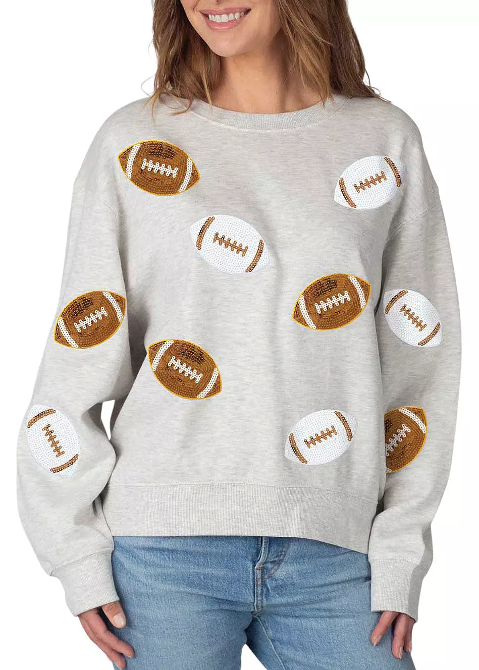 chicka-d Women's Texas Longhorns Ash Grey Sequin Football Crew Pullover Sweatshirt | DICK'S Sporting Goods