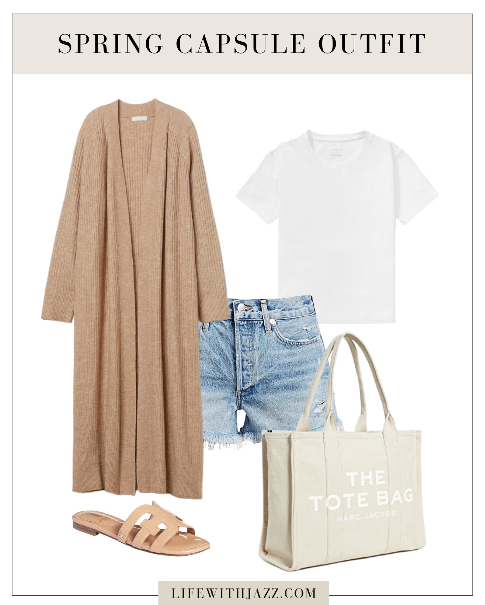 Casual spring capsule outfit 

- cardigan, tee, shorts, tote, sandals

#LTKSeasonal #LTKstyletip #LTKunder100