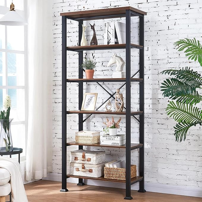 HOMBAZAAR Bookshelf, 6-Tier Vintage Industrial Book Shelf, Rustic Wood and Metal Bookcase and Boo... | Amazon (US)