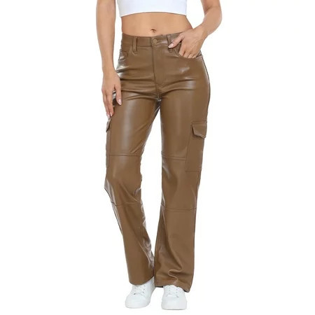 HDE Women s High Waisted Faux Leather Cargo Pants with Pockets Brown 29 | Walmart (US)