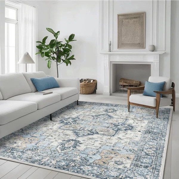 Roehit Oriental Performance Machine Washable Blue / Ivory Area Rug | Wayfair North America