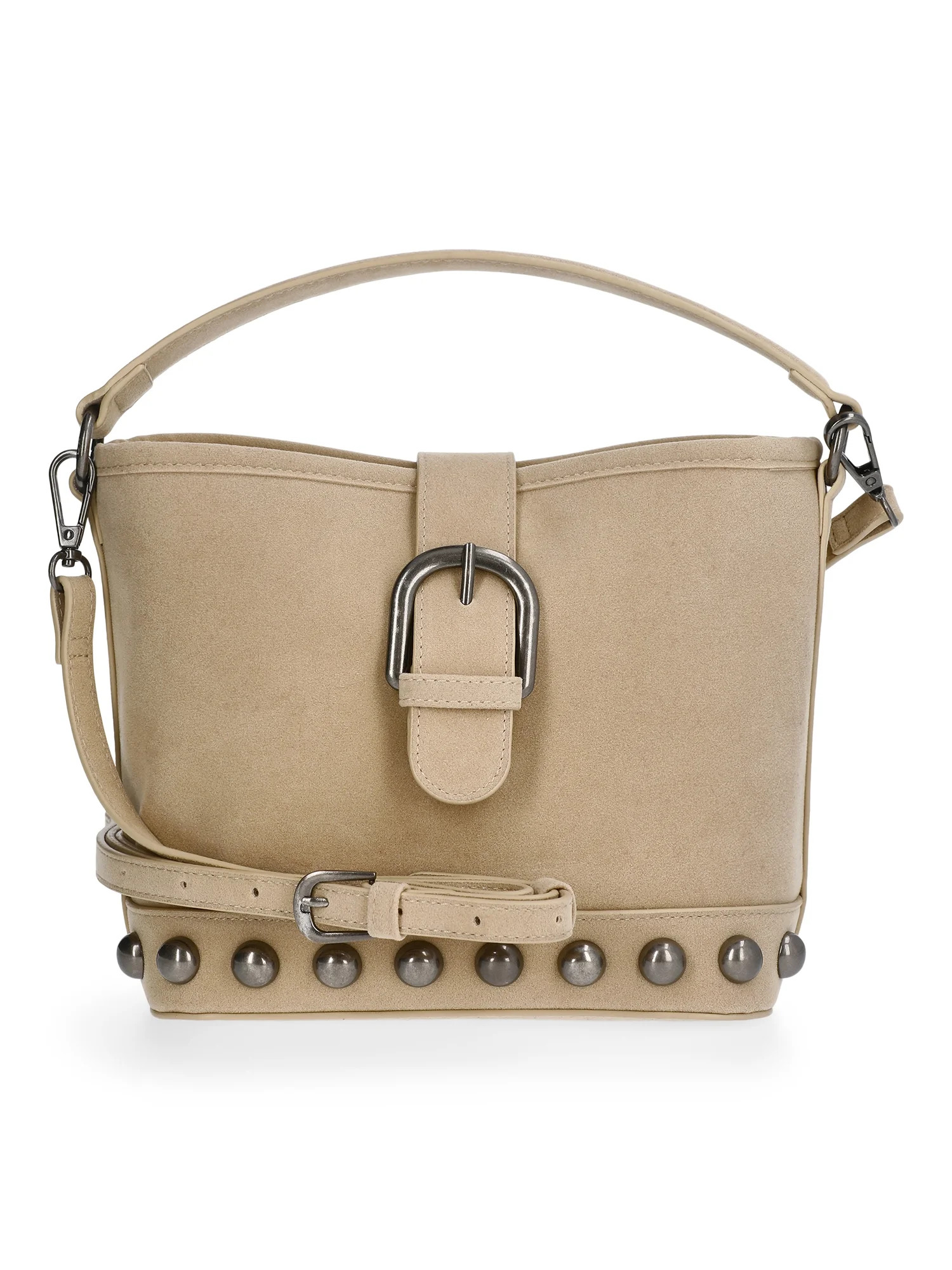 No Boundaries Women's Studded Faux Suede Moto Bucket Bag, Beige | Walmart (US)