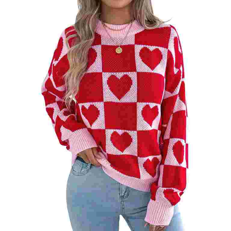 Womens Mock Neck Sweater Long Sleeve Block Cute Heart Knit Fall Winter Tops Ribbed Knit Pullover ... | Walmart (US)