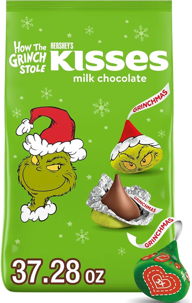 HERSHEY'S KISSES Grinch Milk Chocolate, Christmas Candy Bulk Bag, 37.28 oz | Amazon (US)
