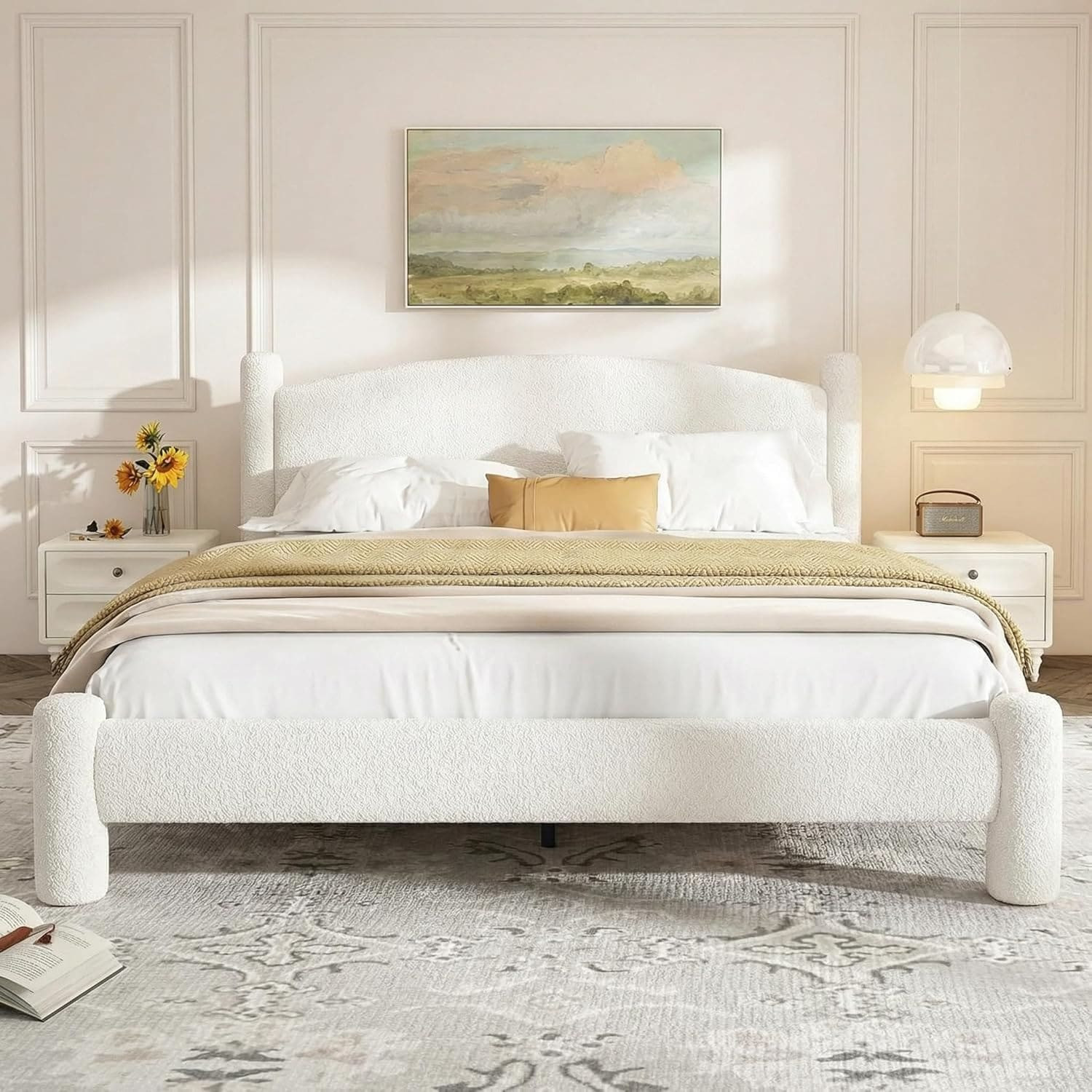 Garvee King Size Boucle Bed Frame Upholstered Platform Cloud Bed with Soft Round Headboard Cylindrical Legs Noise Free Heavy Duty No Box Spring | Lowe's