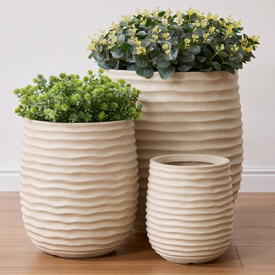 15”+11”+7.9” Dia Concrete Planter Set of 3, Flower Pot with Wavy Texture, Indoor Outdoor La... | Amazon (US)
