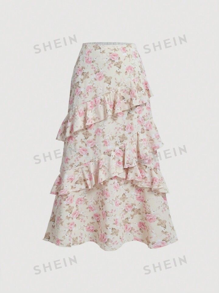 SHEIN MOD Women's Floral Printed Multi-Layered Ruffle Hem Midi Skirt | SHEIN