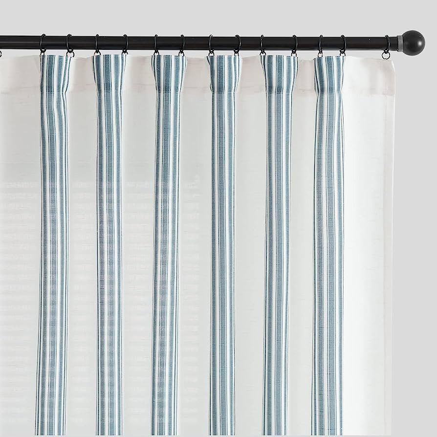 jinchan Striped Linen Curtains 84 Inch Long for Living Room Blue Stripe Curtains Rod Pocket Sem... | Amazon (US)