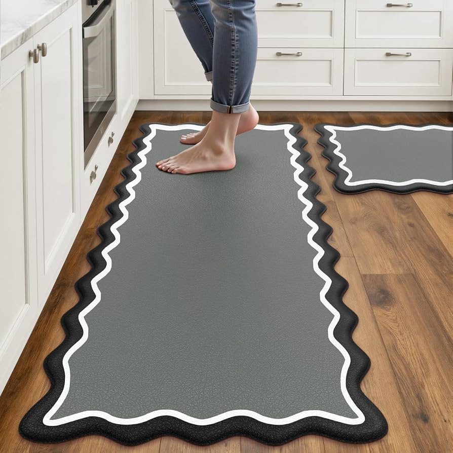Arenarug Scalloped Kitchen Mats for Floor, Black Gray Kitchen Rugs Set of 2 | Amazon (US)